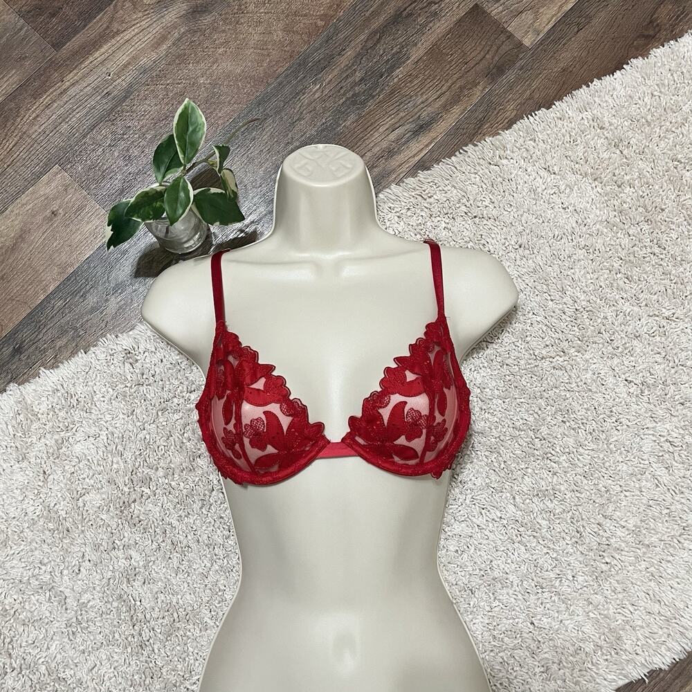 Victoria's Secret 34B Red Embroidered Sheer Mesh Unlined Low Cut Demi Bra